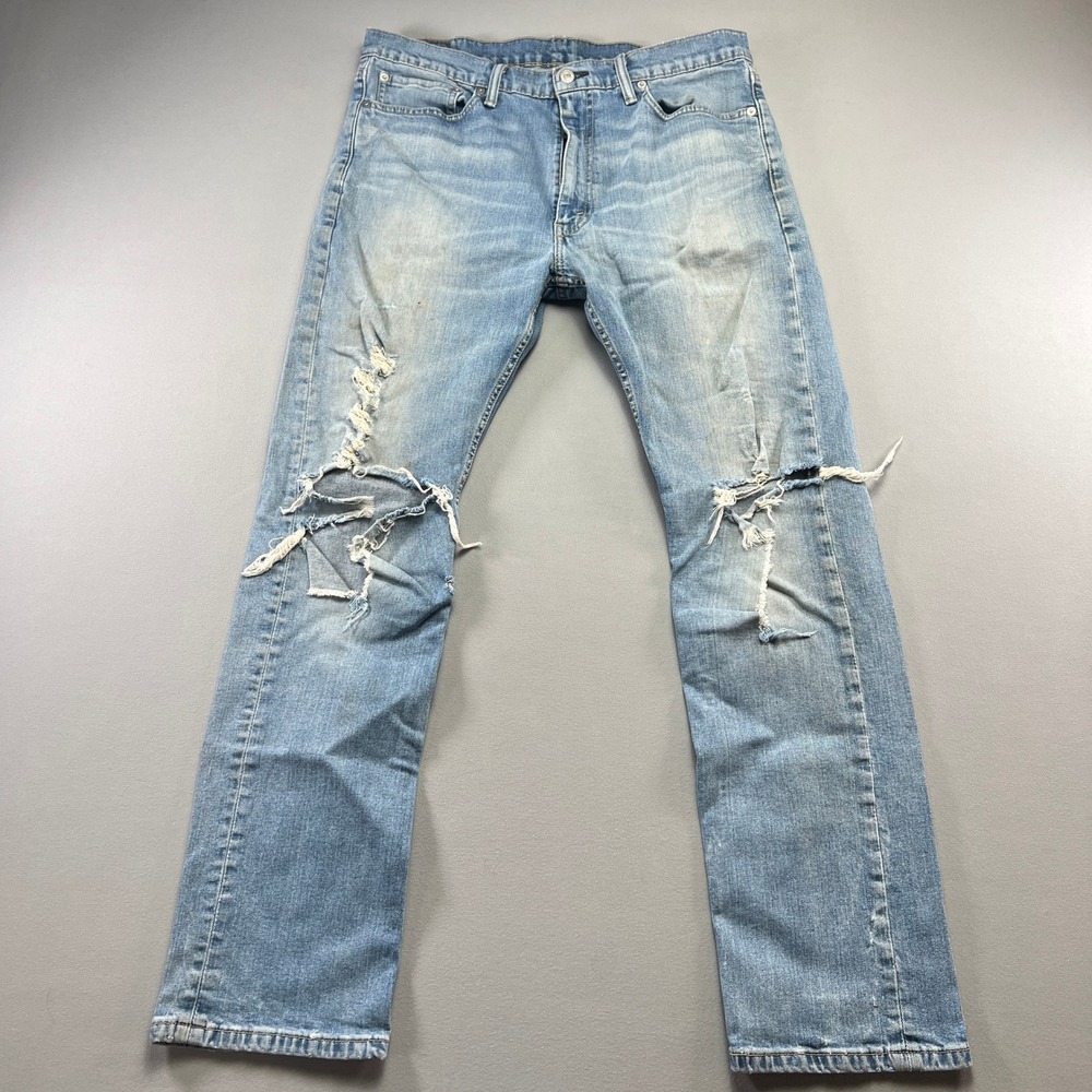 Levi's 513 Slim Straight Jeans Mens 36x32 Blue Denim Cotton Stretch Distressed